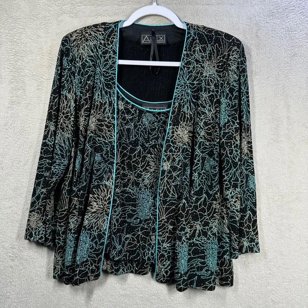 Alex Evenings Twin Set Women M Black Teal Floral Glitter Cardigan Tank Formal